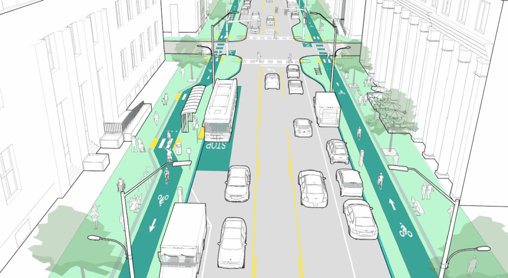 A 3D rendering of the downtown area with car, bus, and bike routes